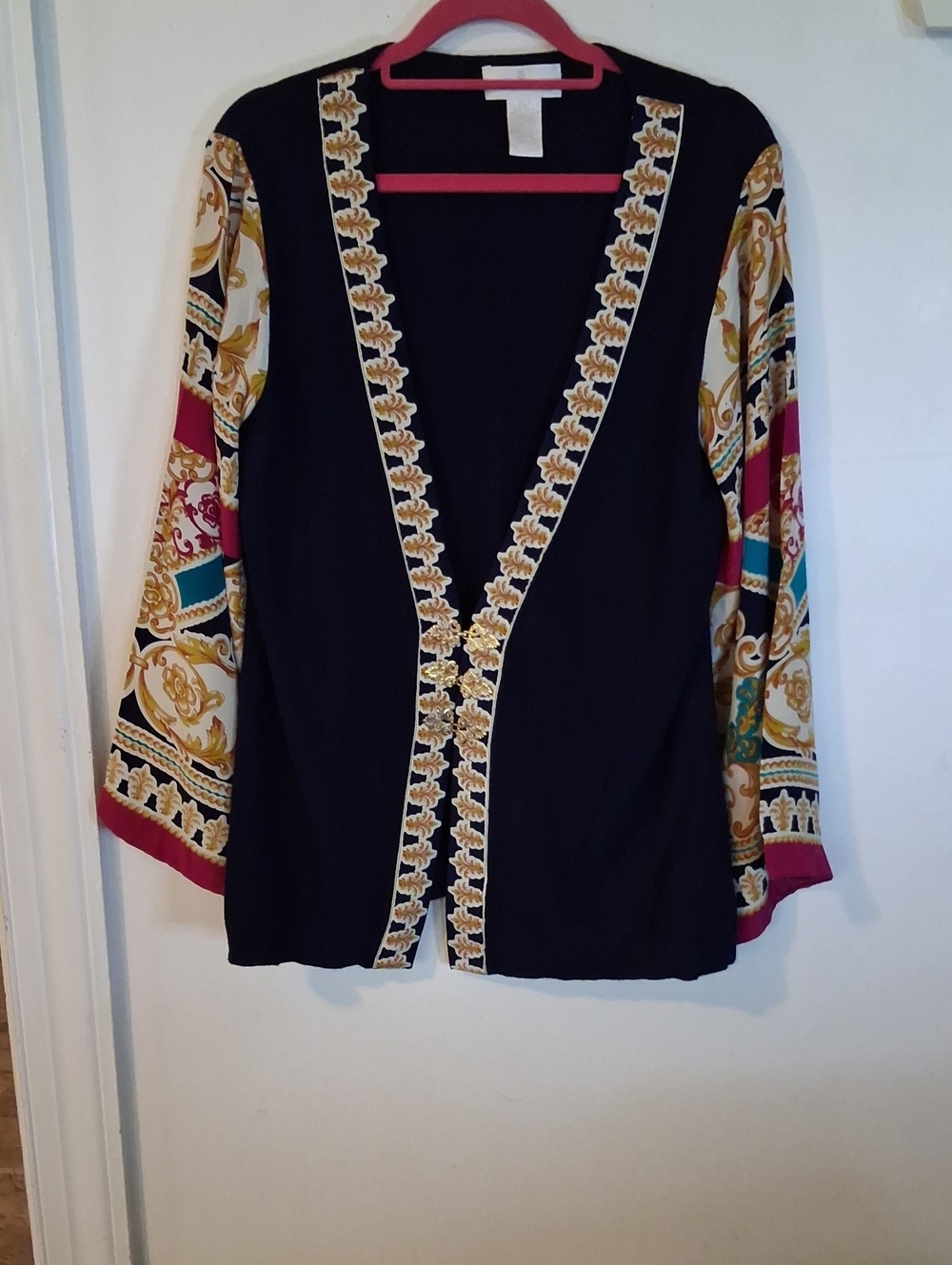 Soft Surroundings Black Open-Front Top with Gold Trim and Multicolor Sleeves